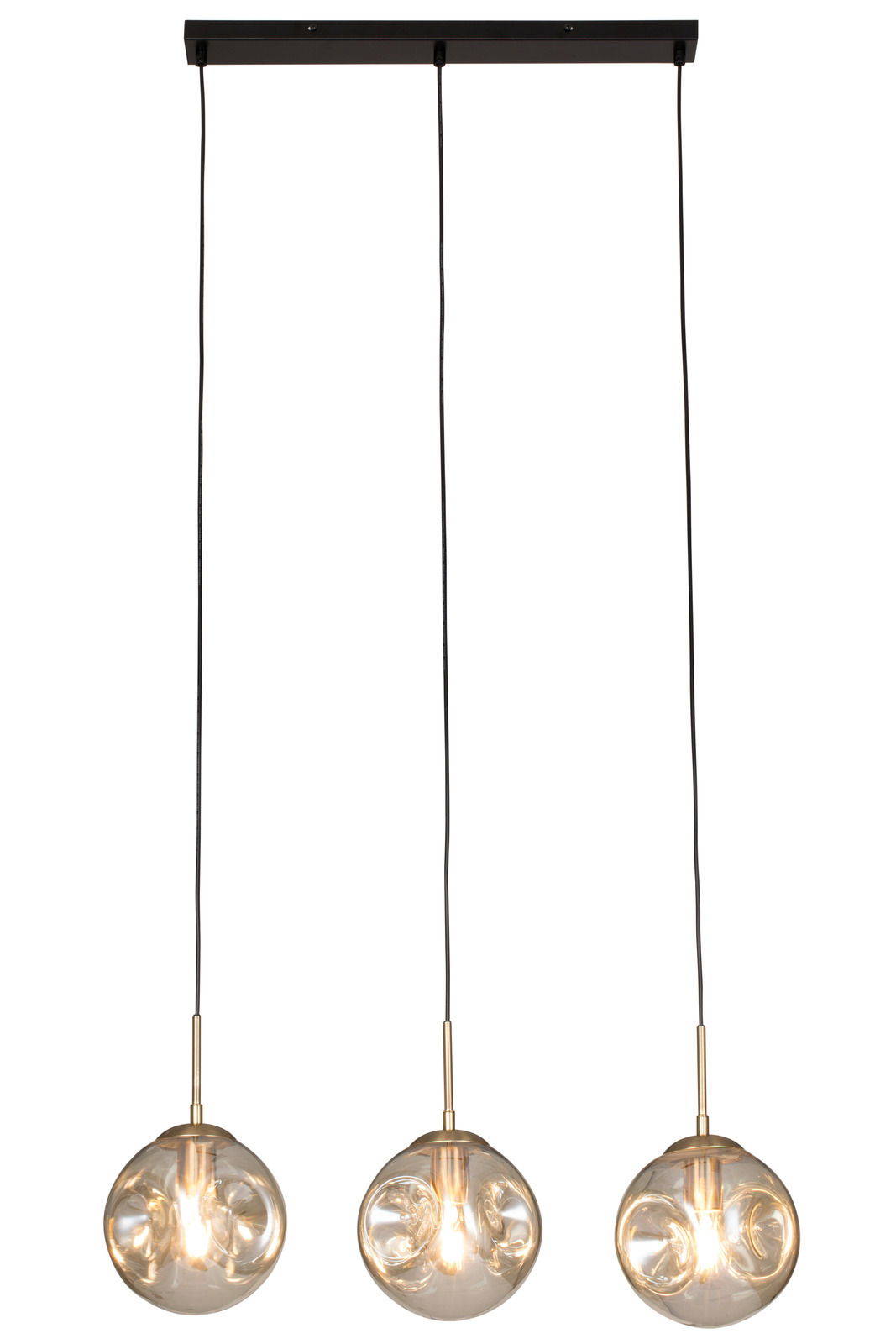Dreiflammige Hängeleuchte mit runden, transparenten Glaskugeln und goldenen Fassungen, von vorne betrachtet.
