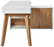 Eck-Schreibtisch mit Anbau in Holzoptik und weißen Elementen, seitliche Perspektive