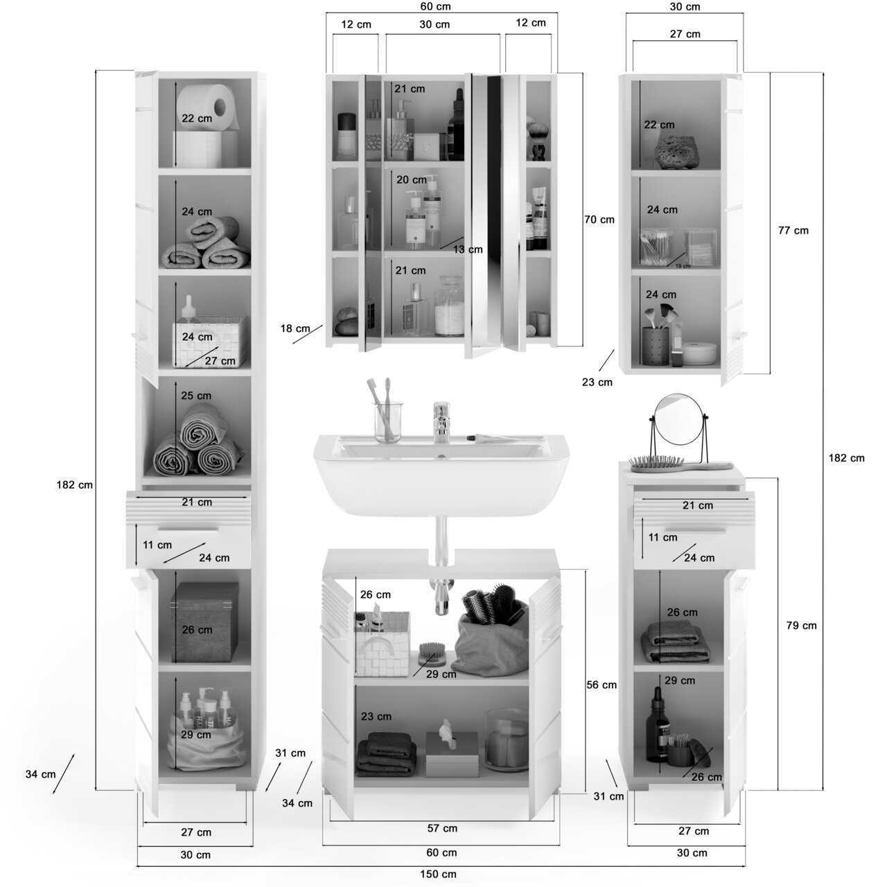 Badezimmermöbel-Kombination in Frontalansicht mit mehreren Schränken und Waschbecken, ideal zur Aufbewahrung von Handtüchern und Pflegeprodukten.