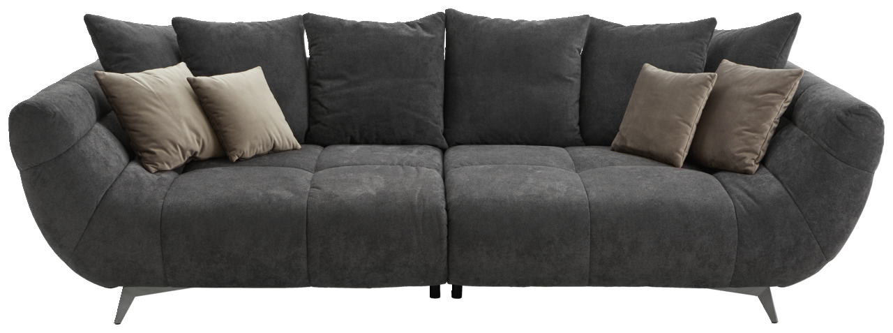 Großes, modernes Sofa in dunklem Grau mit mehreren Kissen, frontal betrachtet.