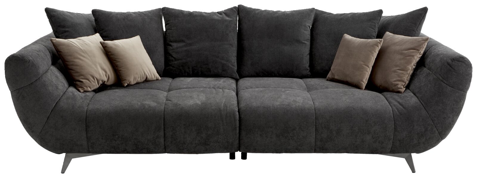 Großes, modernes Sofa in dunklem Grau mit mehreren Kissen, frontal betrachtet.