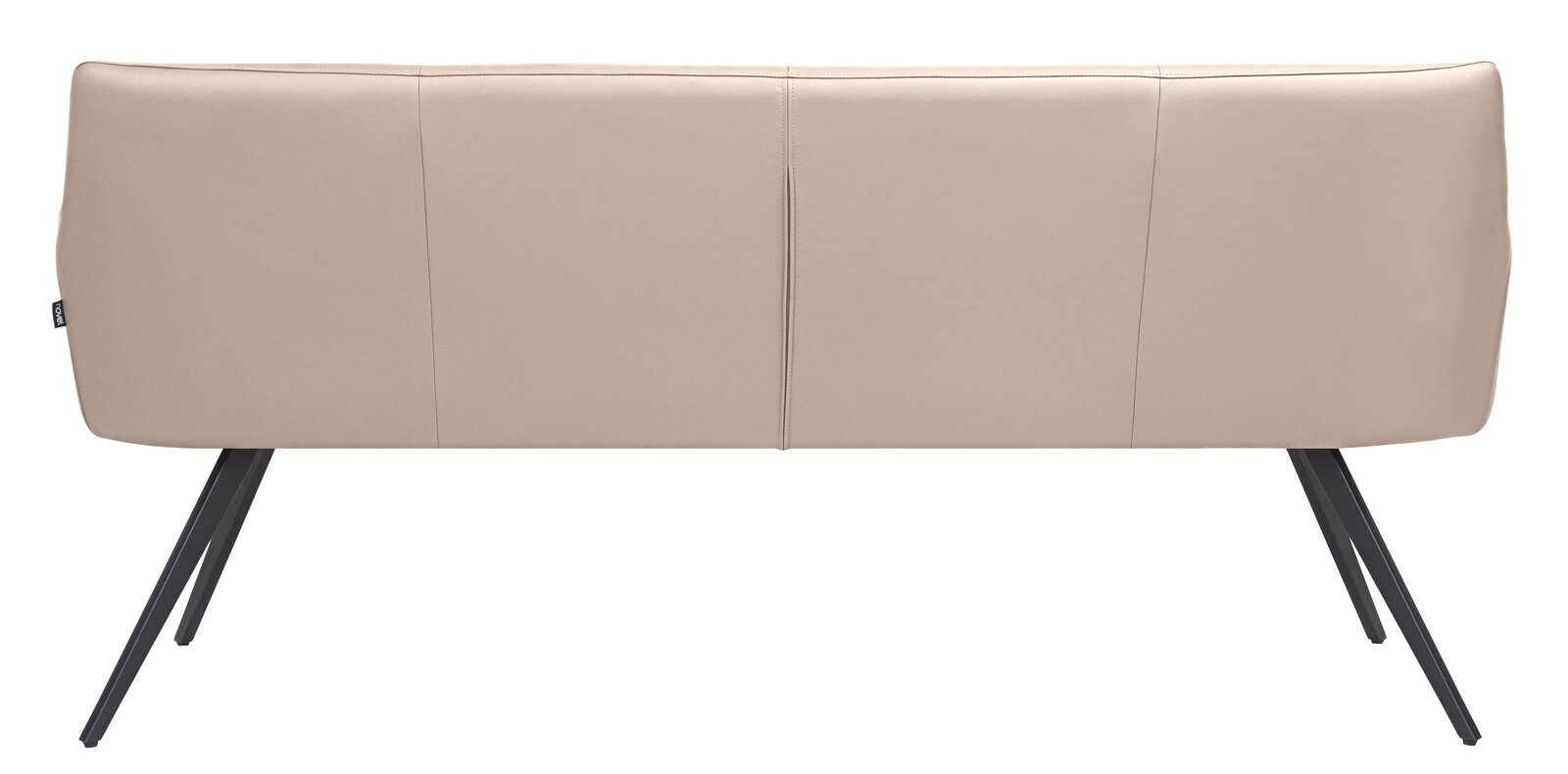 Rückansicht einer modernen, beige gepolsterten Bank mit schwarzen Metallbeinen.