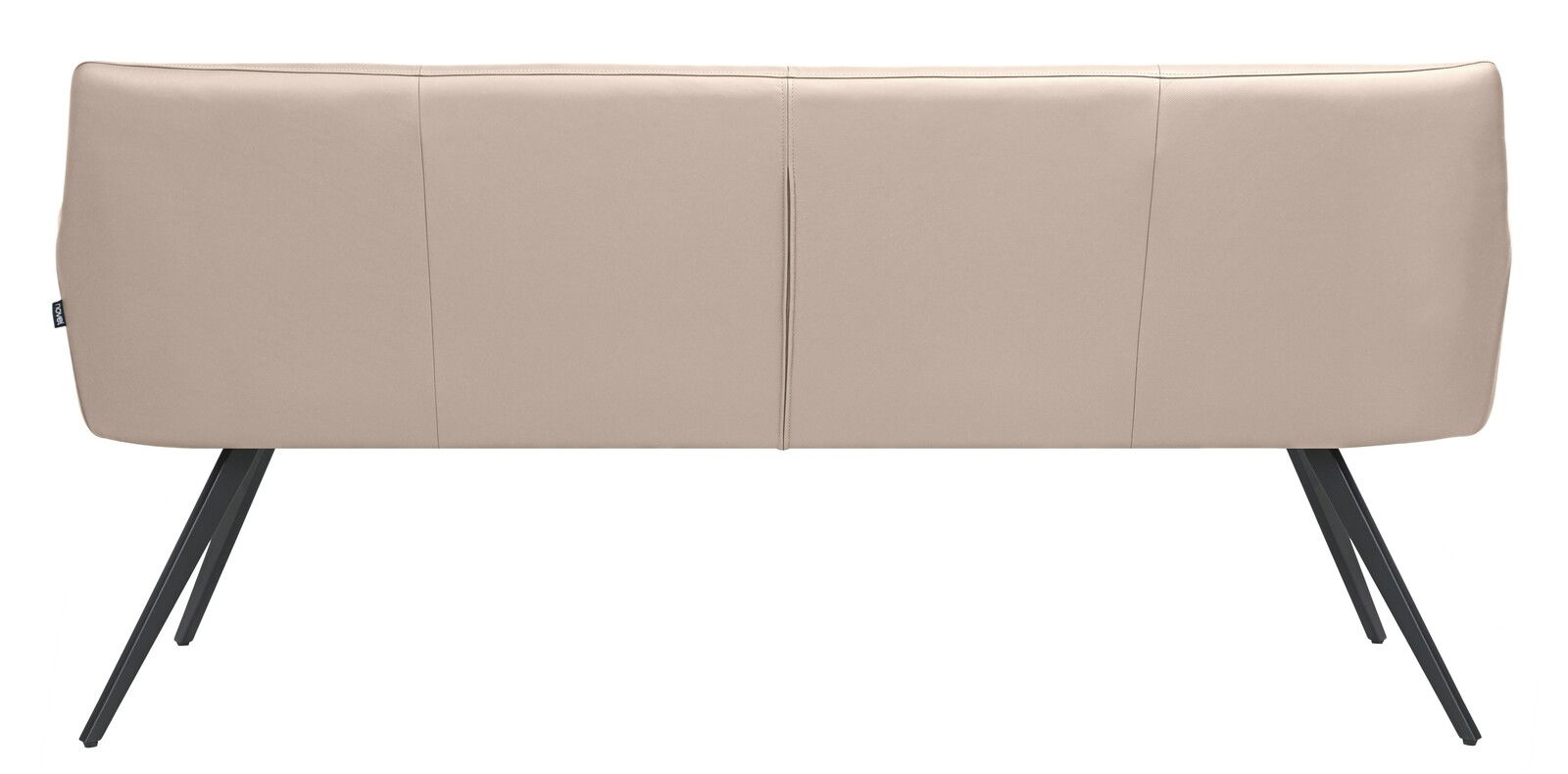 Rückansicht einer modernen, beige gepolsterten Bank mit schwarzen Metallbeinen.