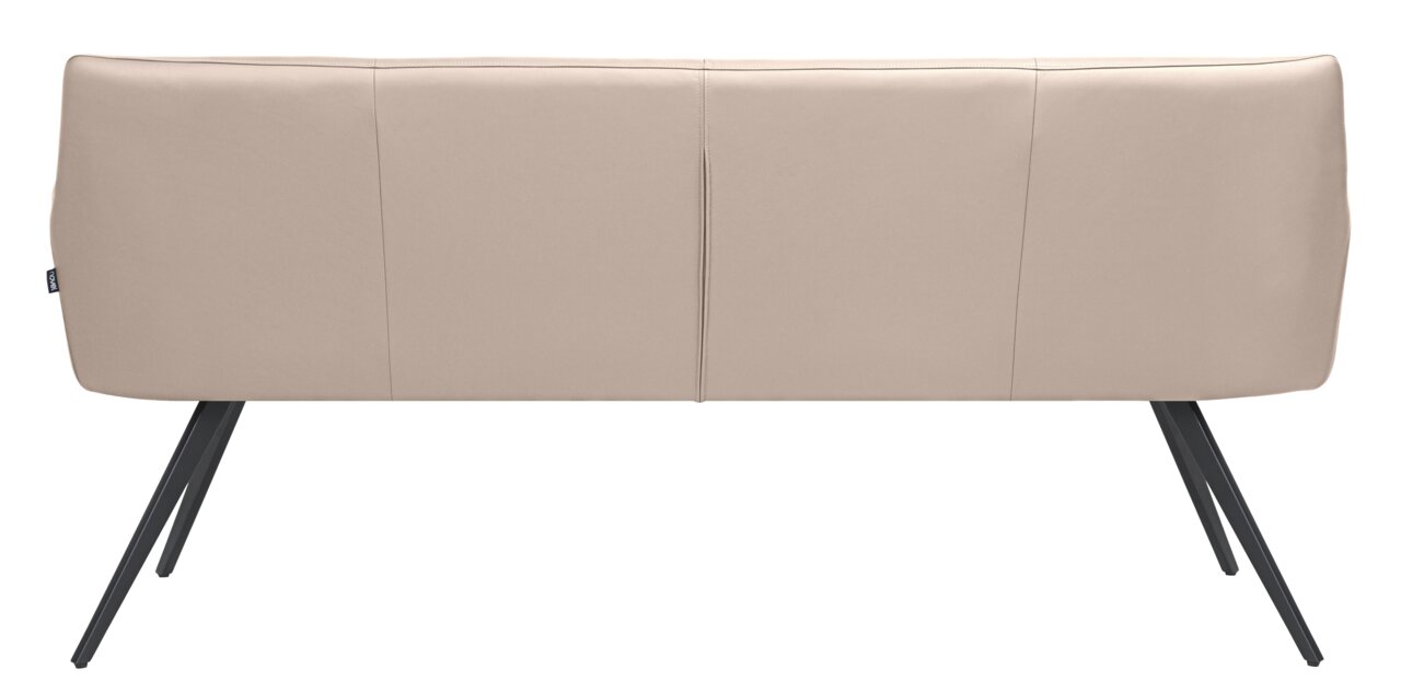 Rückansicht einer modernen, beige gepolsterten Bank mit schwarzen Metallbeinen.
