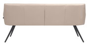 Rückansicht einer modernen, beige gepolsterten Bank mit schwarzen Metallbeinen.