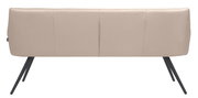 Rückansicht einer modernen, beige gepolsterten Bank mit schwarzen Metallbeinen.