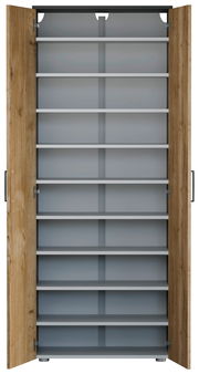 Offener Schuhschrank mit mehreren Regalböden, Holzoptik an den Türen, Frontalansicht