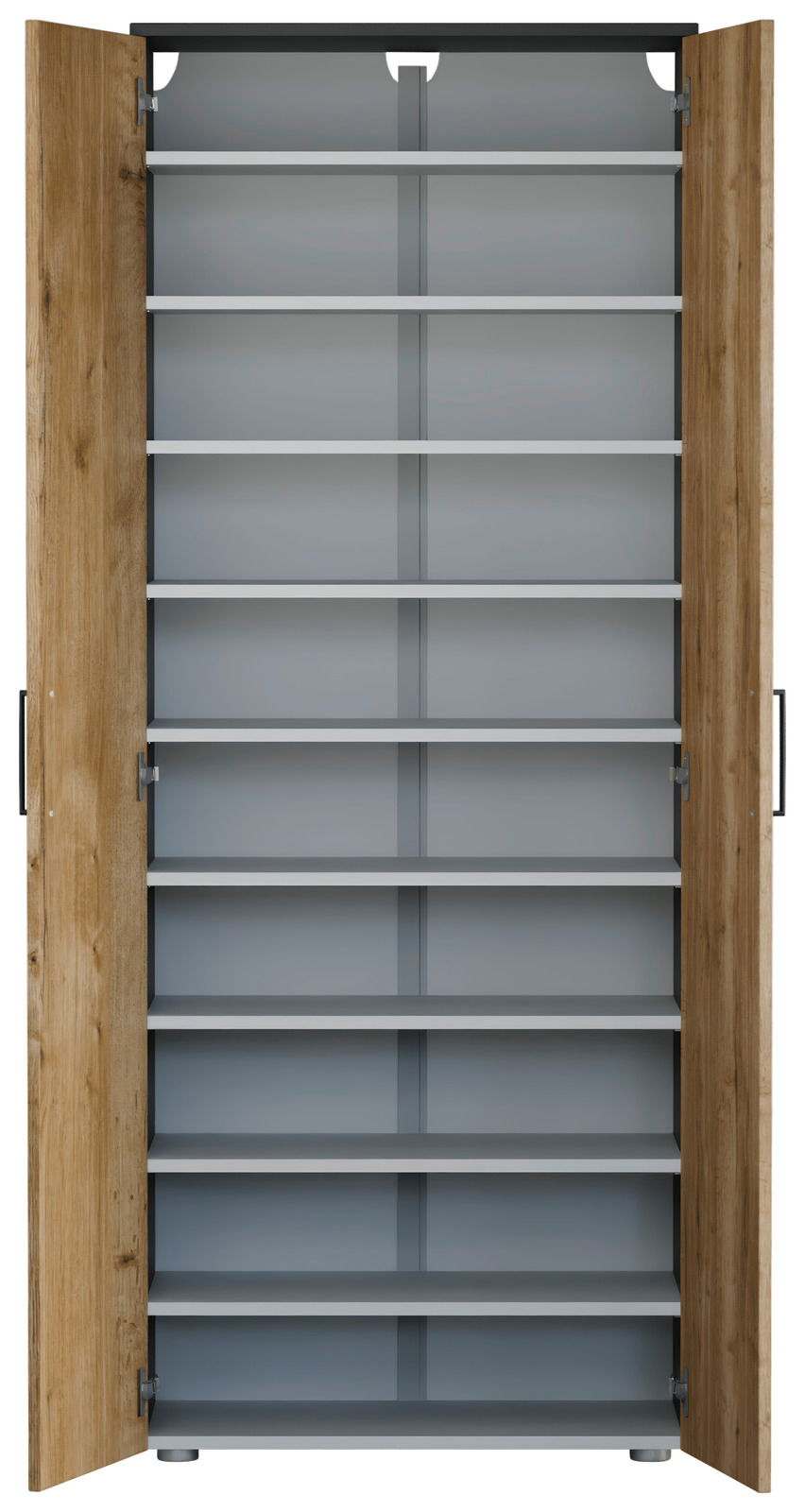 Offener Schuhschrank mit mehreren Regalböden, Holzoptik an den Türen, Frontalansicht