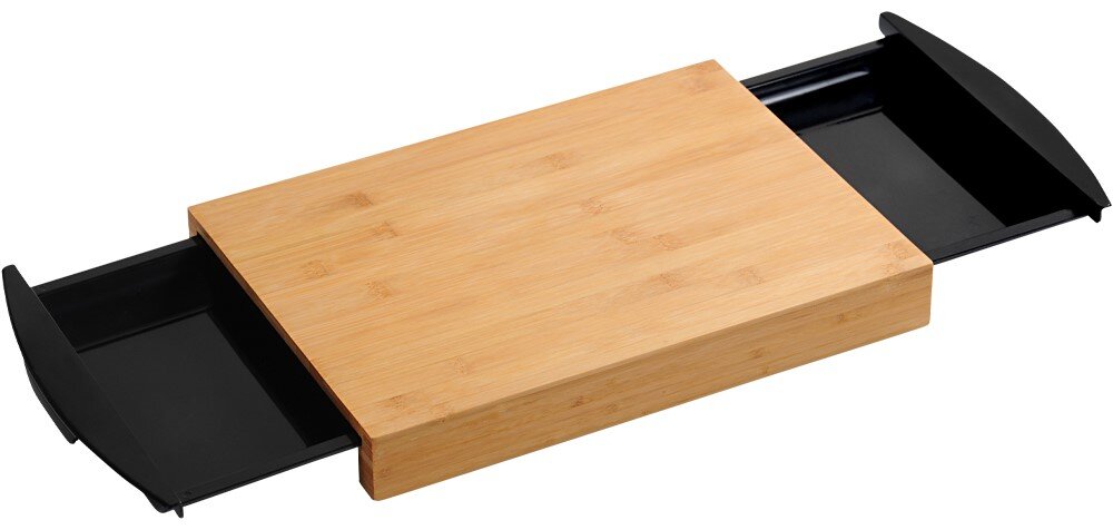 Houten snijplank met twee uitschuifbare zwarte opvangbakjes, zijaanzicht