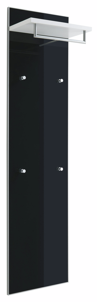 VOSS Garderobenpaneel lang SANTINA Schwarzes Garderobenpaneel mit vier Haken und einem weißen Regalbrett, seitliche Perspektive