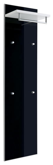 Schwarzes Garderobenpaneel mit vier Haken und einem weißen Regalbrett, seitliche Perspektive