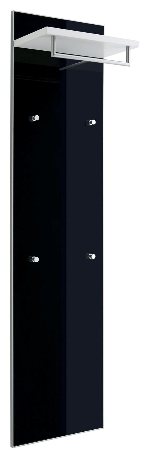 VOSS Garderobenpaneel lang SANTINA Schwarzes Garderobenpaneel mit vier Haken und einem weißen Regalbrett, seitliche Perspektive