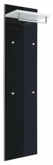 Schwarzes Garderobenpaneel mit vier Haken und einem weißen Regalbrett, seitliche Perspektive