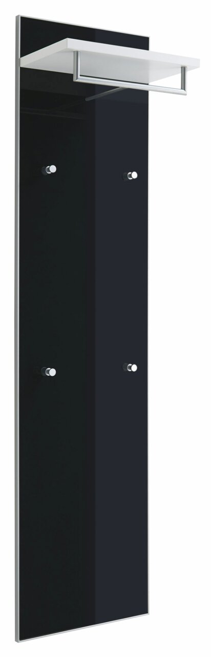 VOSS Garderobenpaneel lang SANTINA Schwarzes Garderobenpaneel mit vier Haken und einem weißen Regalbrett, seitliche Perspektive