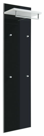 Schwarzes Garderobenpaneel mit vier Haken und einem weißen Regalbrett, seitliche Perspektive