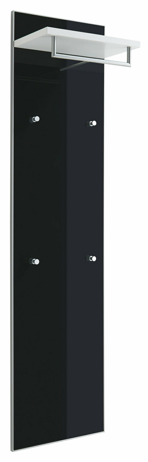 Schwarzes Garderobenpaneel mit vier Haken und einem weißen Regalbrett, seitliche Perspektive