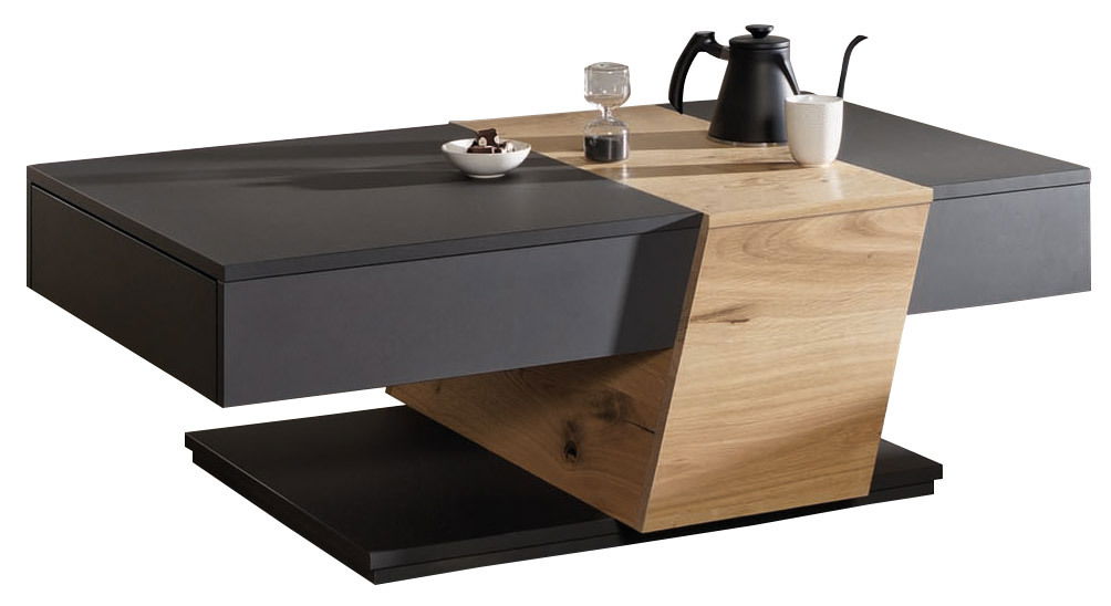 Moderner Couchtisch mit schwarzer und holzfarbener Oberfläche, seitliche Perspektive