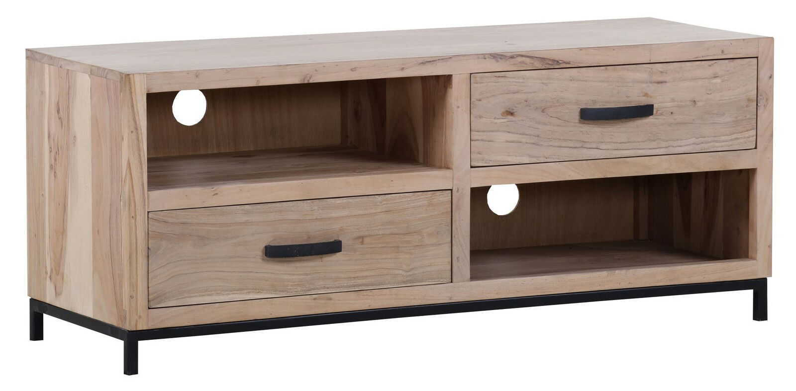 TV-Lowboard aus hellem Holz mit zwei Schubladen und offenen Fächern, seitliche Perspektive