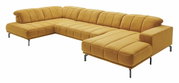 Gelbes Ecksofa mit moderner Polsterung und Metallfüßen, Perspektive von vorne rechts