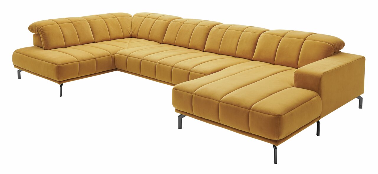 Gelbes Ecksofa mit moderner Polsterung und Metallfüßen, Perspektive von vorne rechts