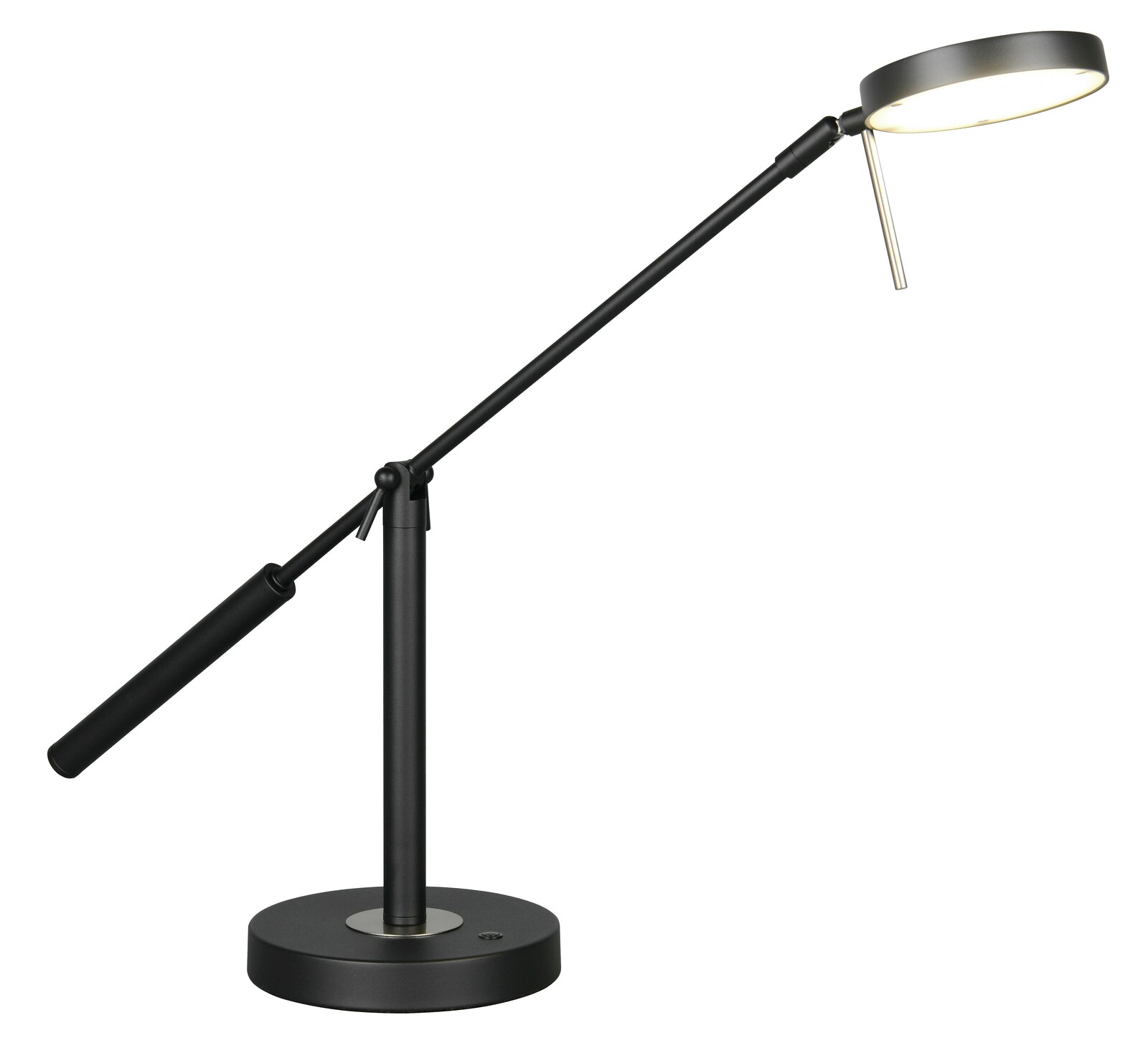 Schwarze LED-Schreibtischleuchte mit verstellbarem Arm, seitliche Perspektive