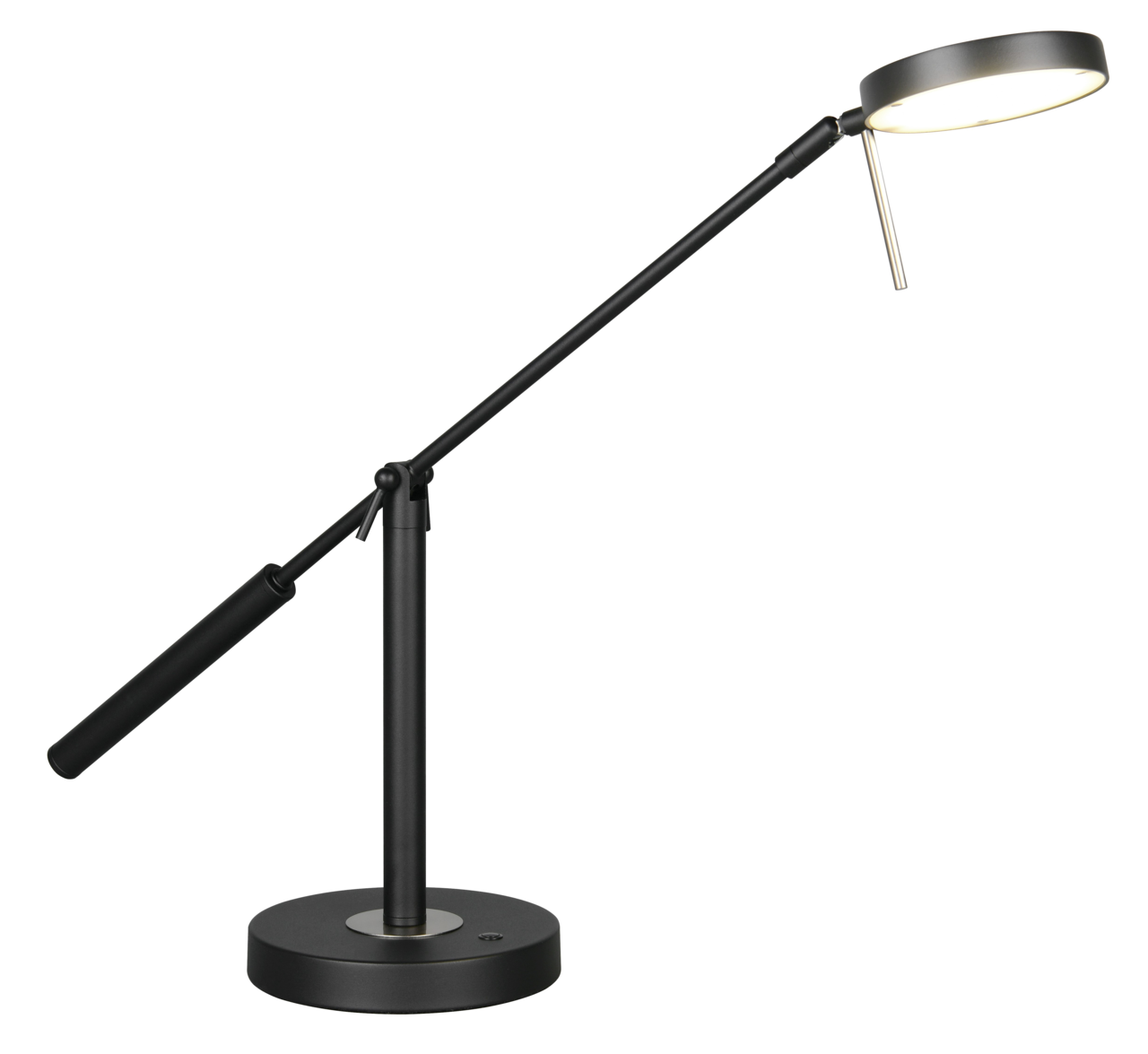 Schwarze LED-Schreibtischleuchte mit verstellbarem Arm, seitliche Perspektive