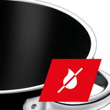 Nahaufnahme einer Schmorpfanne Professional 28cm mit Antihaftbeschichtung und einem Symbol für fettfreies Kochen.