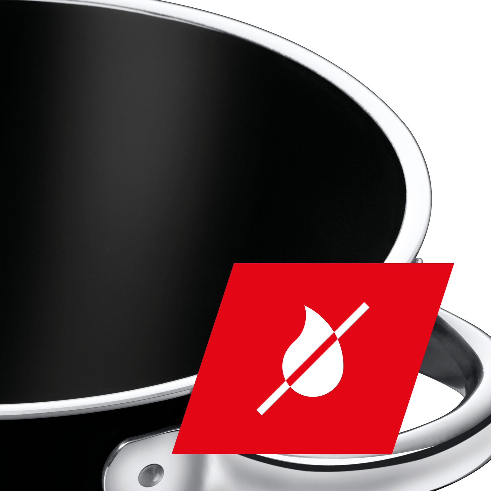 Nahaufnahme einer Schmorpfanne Professional 28cm mit Antihaftbeschichtung und einem Symbol für fettfreies Kochen.