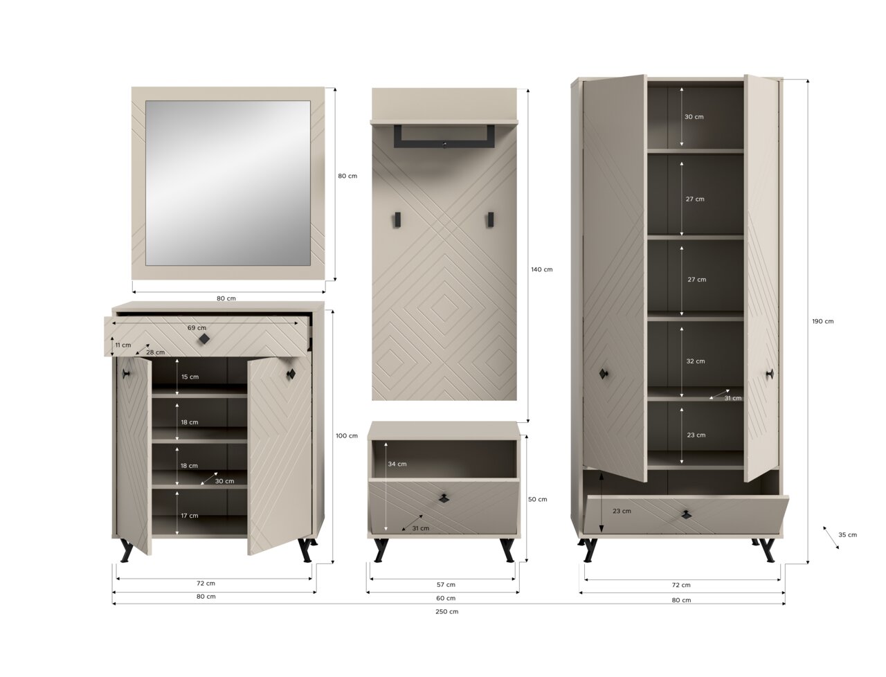 Garderobenkombination in Frontalansicht mit Spiegel, Schrank, Schuhschrank und Wandpaneel, beige mit geometrischem Muster.
