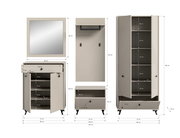 Garderobenkombination in Frontalansicht mit Spiegel, Schrank, Schuhschrank und Wandpaneel, beige mit geometrischem Muster.