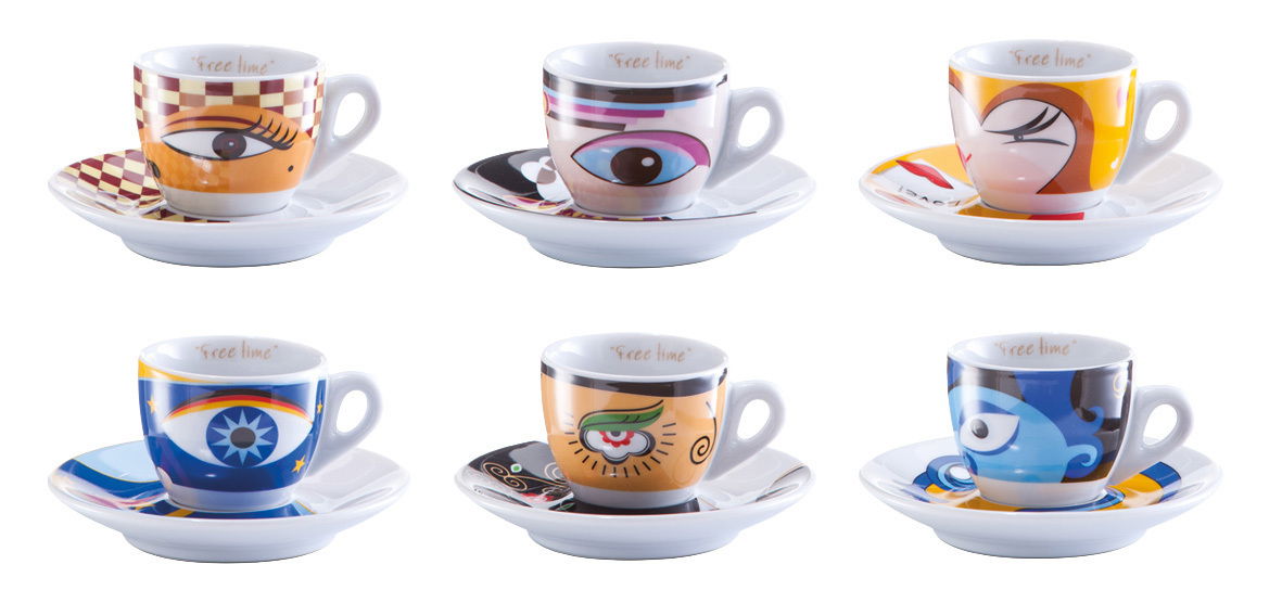 Espresso-Set 'Magic Eyes' mit sechs Tassen und Untertassen, jede mit einem einzigartigen, farbenfrohen Augenmotiv, aus der Frontalperspektive.
