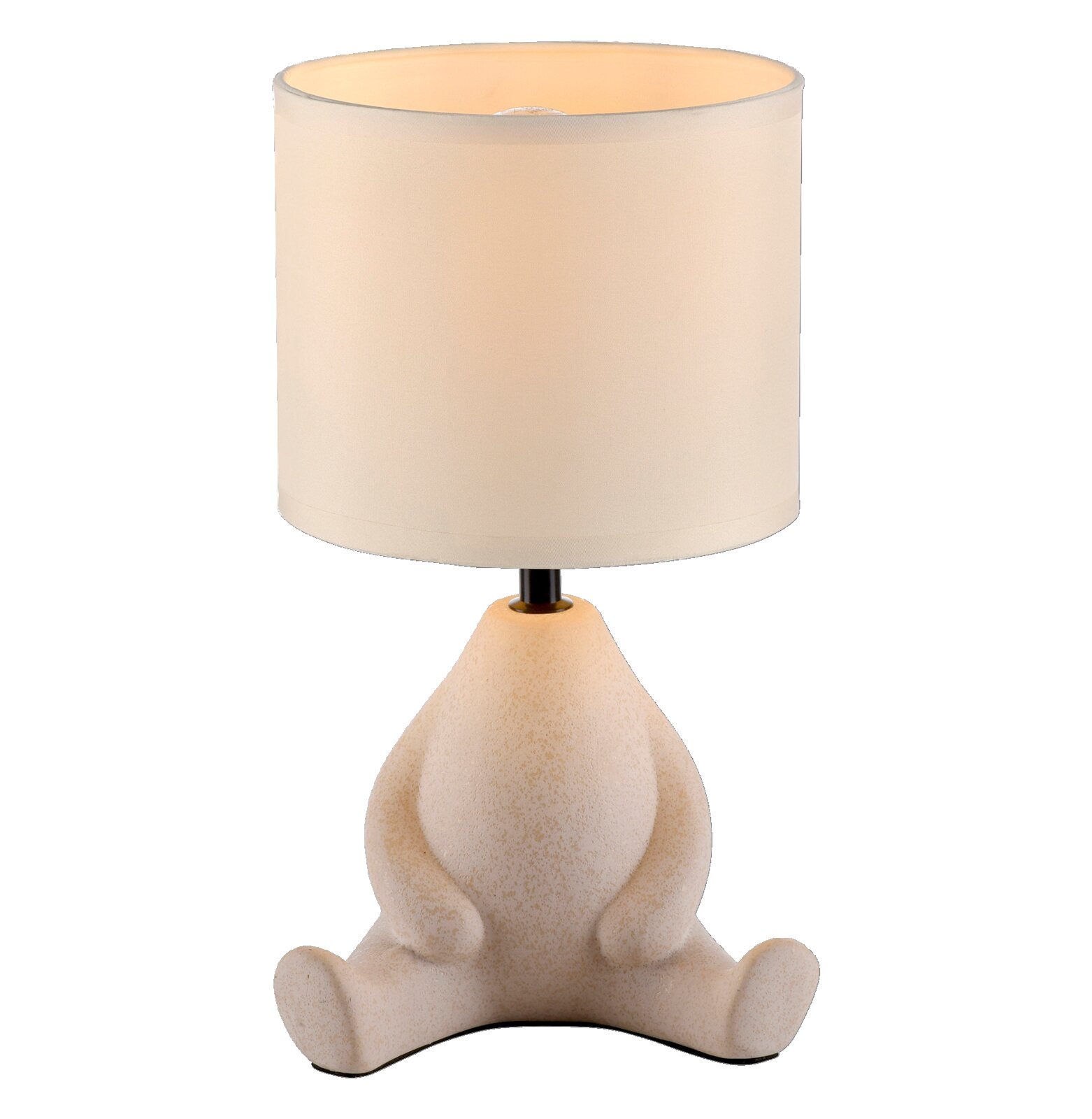 Verspielte Tischlampe mit weißem zylindrischem Stoffschirm und beigem, gesprenkeltem Frosch-Fuß aus Keramik, frontal in leichter Aufsicht vor grauem Hintergrund