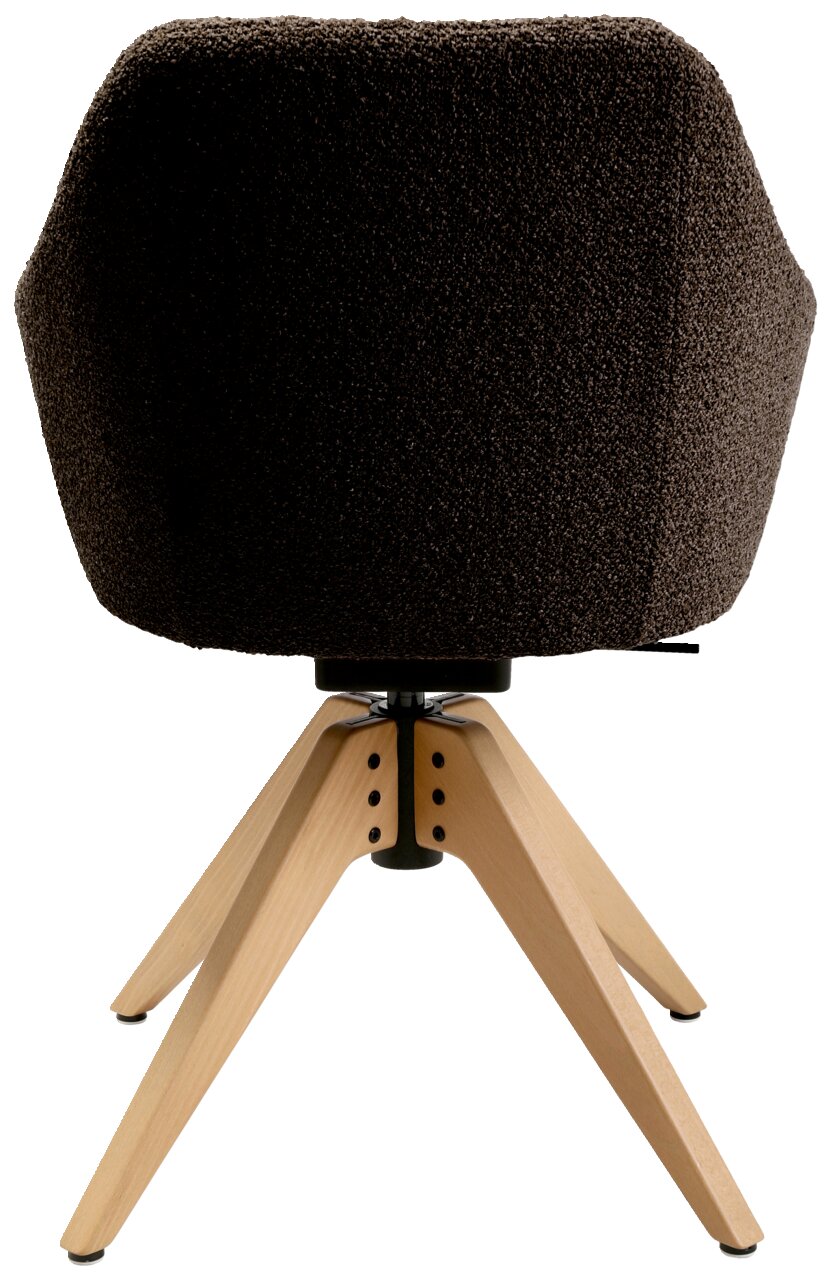 Rückansicht eines Armlehnstuhls mit braunem Stoffbezug und hellen Holzbeinen.