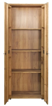 Offener Holzschrank mit zwei Flügeltüren und drei Einlegeböden, Innenansicht in Frontalperspektive