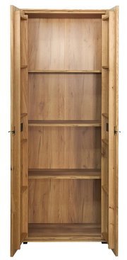 Offener Holzschrank mit zwei Flügeltüren und drei Einlegeböden, Innenansicht in Frontalperspektive