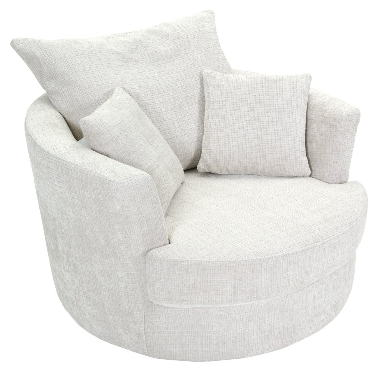 Beiger, runder Sessel mit zwei Kissen, aus leicht erhöhter Perspektive fotografiert.