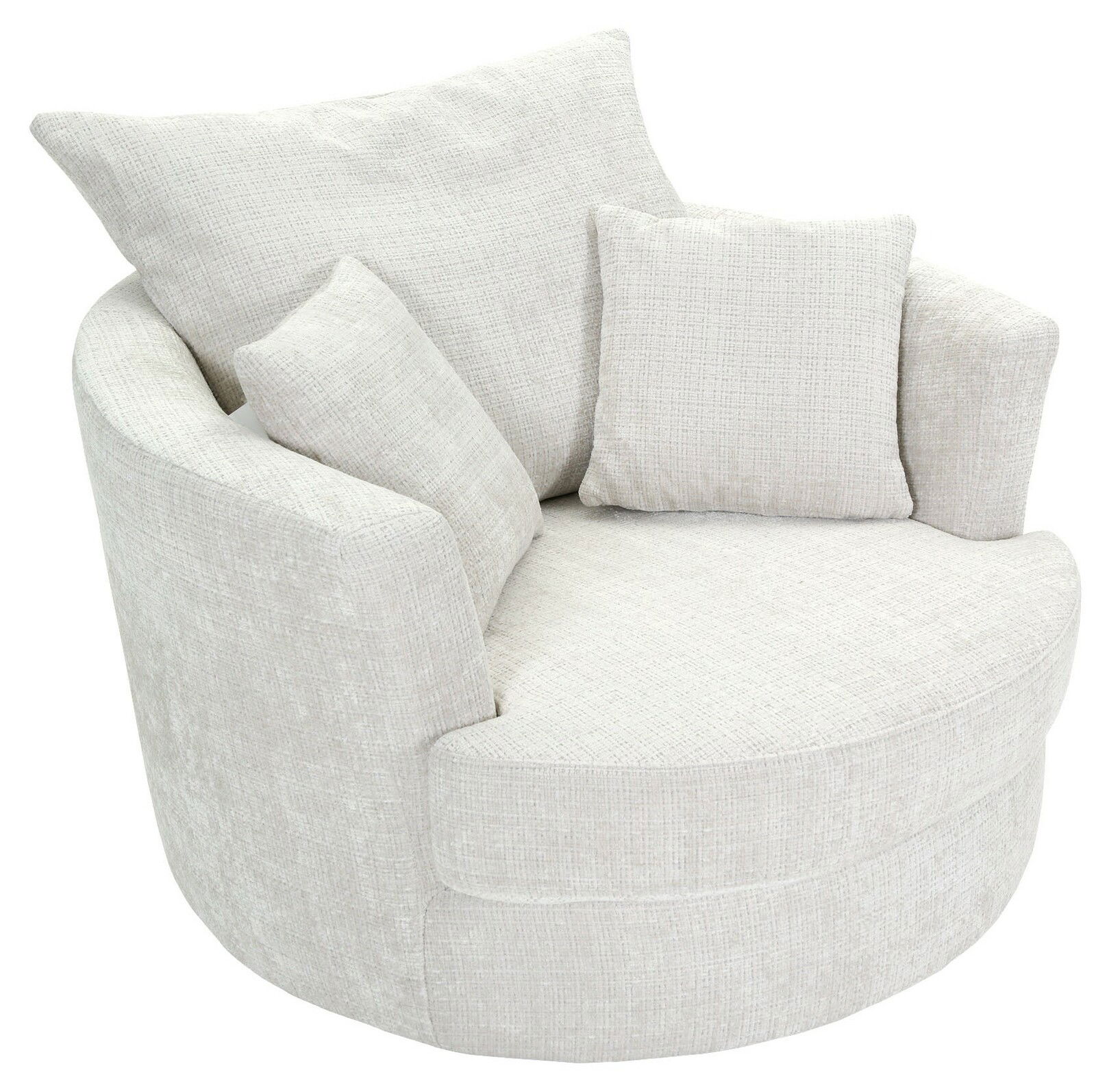 Beiger, runder Sessel mit zwei Kissen, aus leicht erhöhter Perspektive fotografiert.