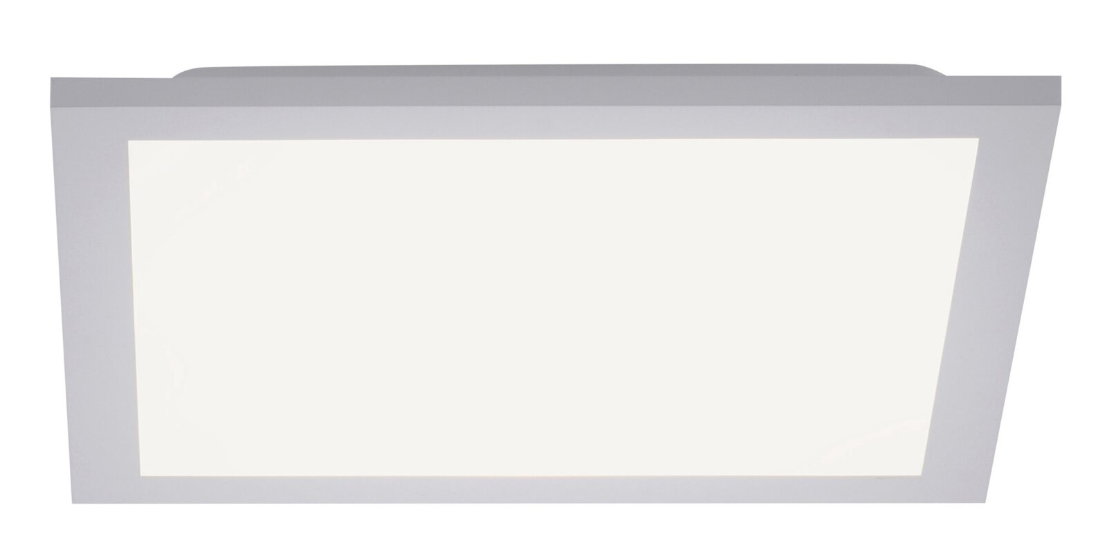 Rechteckige LED-Deckenleuchte mit weißer Leuchtfläche und silbernem Rahmen, frontal von unten fotografiert