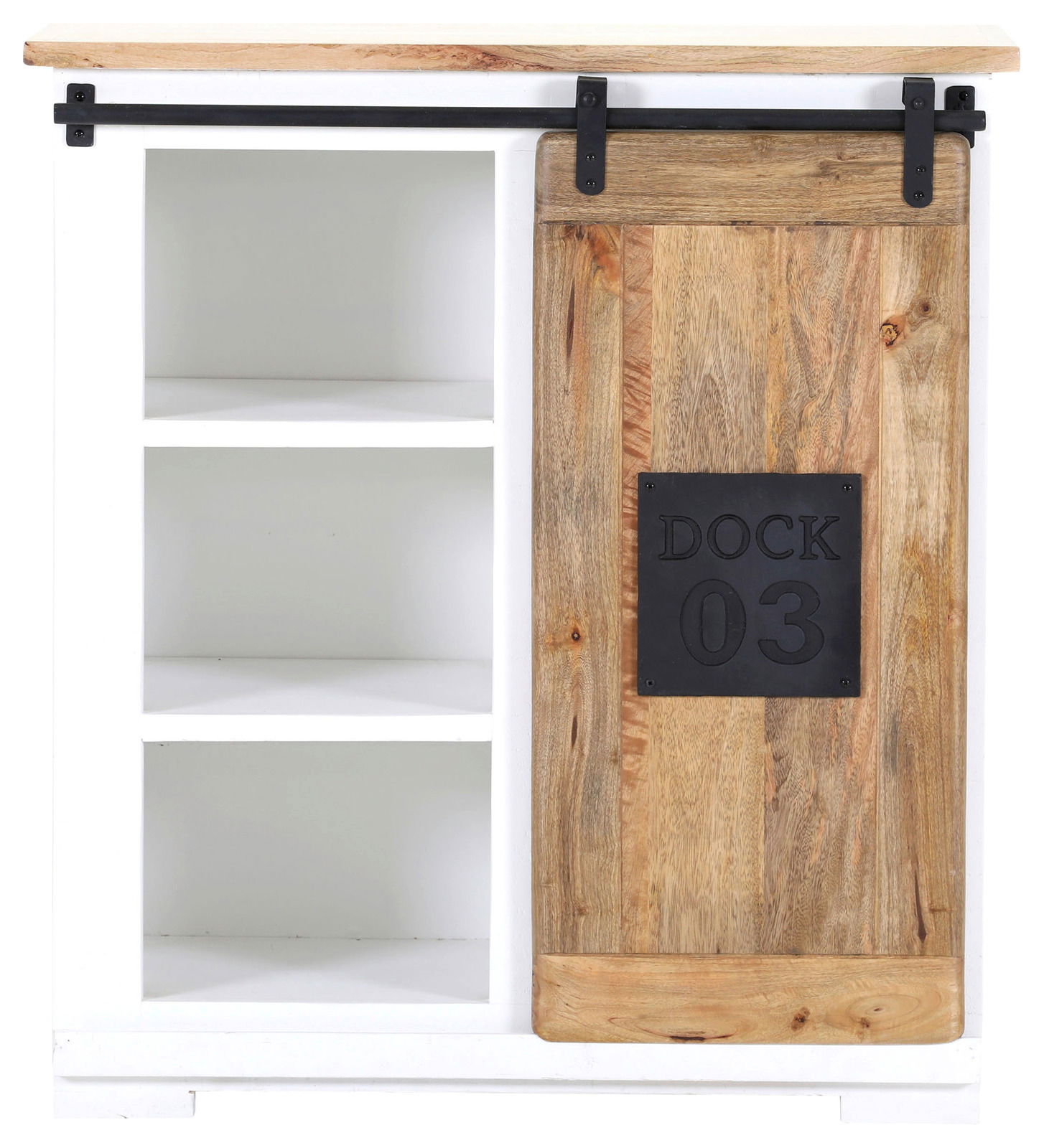 Weinregal mit Schiebetür aus Holz, linke Seite mit offenen Regalfächern, rechte Seite mit dekorativer Tür, Frontansicht