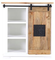 Weinregal mit Schiebetür aus Holz, linke Seite mit offenen Regalfächern, rechte Seite mit dekorativer Tür, Frontansicht
