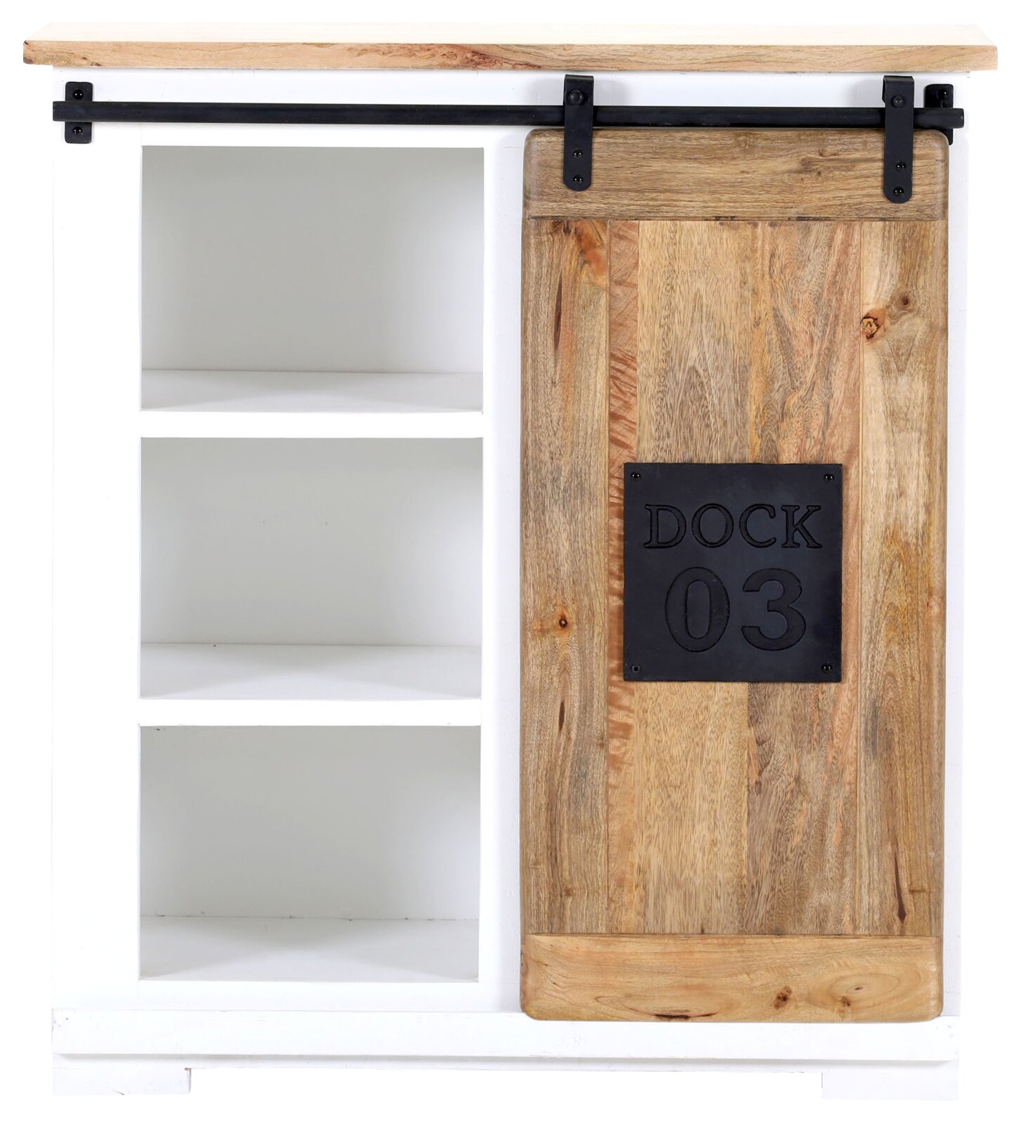 Wijnrek met houten schuifdeur, linkerkant met open vakken, rechterkant met decoratieve deur, vooraanzicht