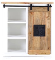 Wijnrek met houten schuifdeur, linkerkant met open vakken, rechterkant met decoratieve deur, vooraanzicht