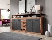 Modernes Sideboard aus Holz und dunklem Material mit Schubladen und Türen, seitliche Perspektive