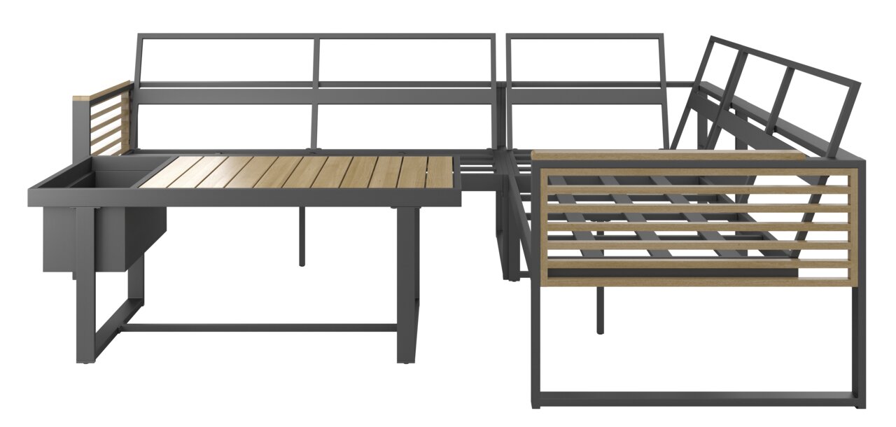 Modernes Lounge-Set aus Metall und Holz in L-Form, seitliche Perspektive