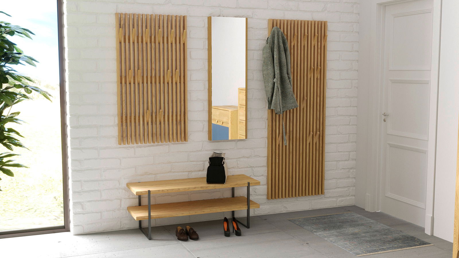 Garderobenbank aus Holz mit Metallgestell, frontal fotografiert, in einem modernen Flur mit Wandpaneelen und Spiegel.