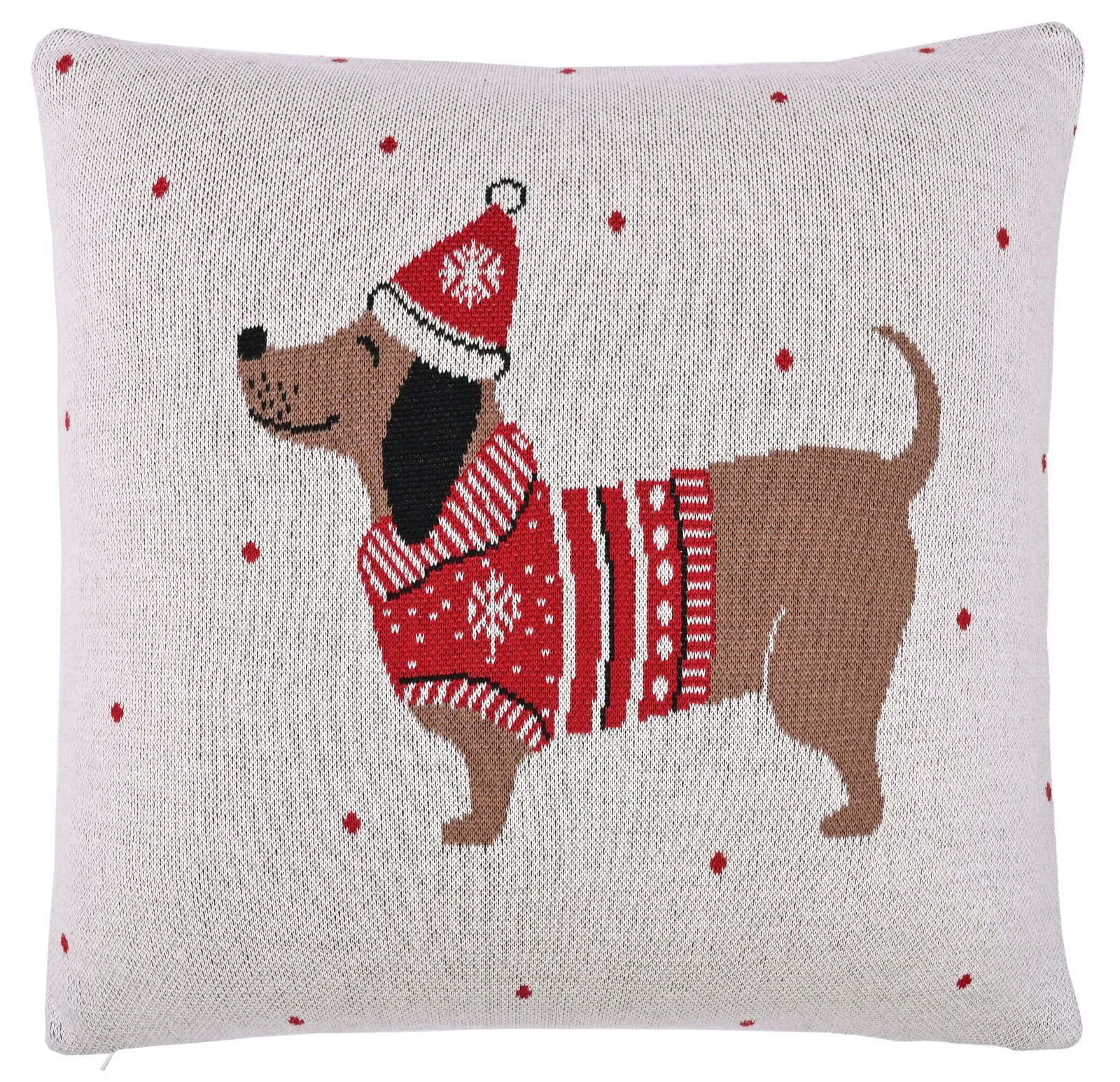 Zierkissen mit einem Dackel in rotem Winterpullover und Mütze, seitliche Perspektive