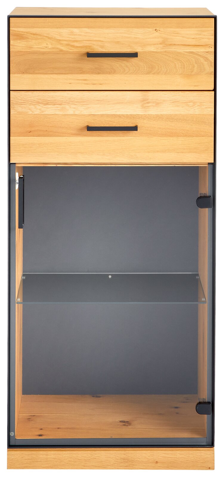 Vitrinenschrank aus Holz mit zwei Schubladen und Glastür, Frontalansicht