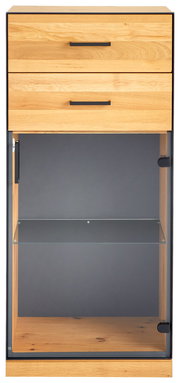 Vitrinenschrank aus Holz mit zwei Schubladen und Glastür, Frontalansicht