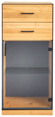 Vitrinenschrank aus Holz mit zwei Schubladen und Glastür, Frontalansicht