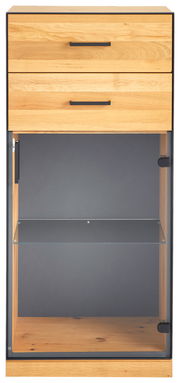 Vitrinenschrank aus Holz mit zwei Schubladen und Glastür, Frontalansicht
